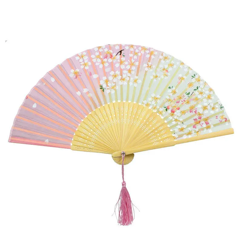 

Japan Dance Fan Pink and Green Cherry Blossom Pattern Lace Bamboo Handheld Folding Fans Hot Event Party Supplies New
