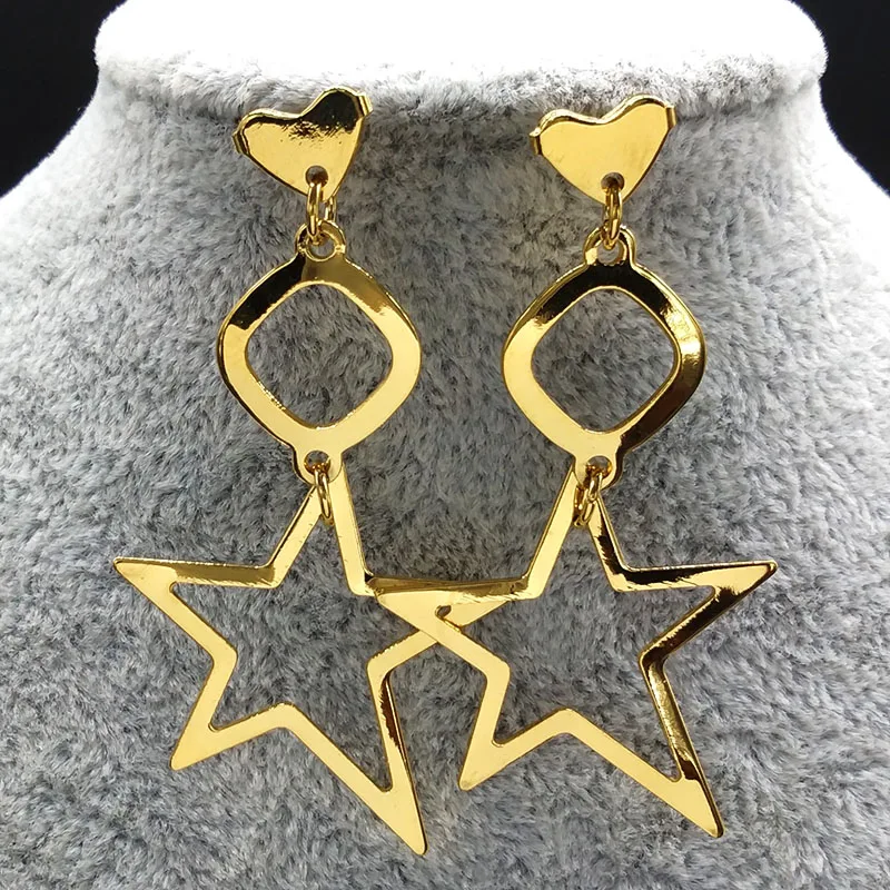 

2019 New Fashion Long Stainless Steel Stud Earrings Women Star Gold Color Earrings Jewelry estrella pendientes largos E612528