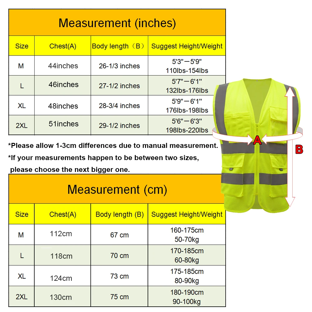 size chart of yellow