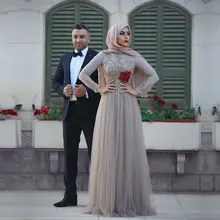Embroidery Applique Muslim Evening Dresses 2016 Formal Dubai Arabia Women Dress With Hijab Robe De Soiree Long Sleeve Party Gown