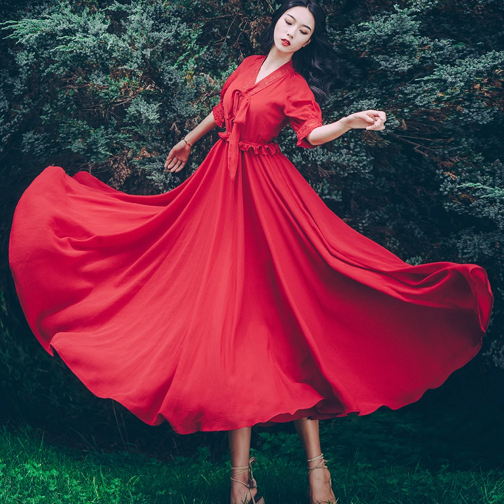 

Khale Yose 2019 Summer Floral Embroidery Red Maxi Dress Women Ruffles Bow Elegant Vintage Retro Casual Holiday Ladies Dresses