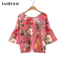 La-Tee-Da!2017 New Striped Blouses Women Striped Shirts Lady Fashion Casual Print Blouses Female Backless Bandage Shirts Vestido