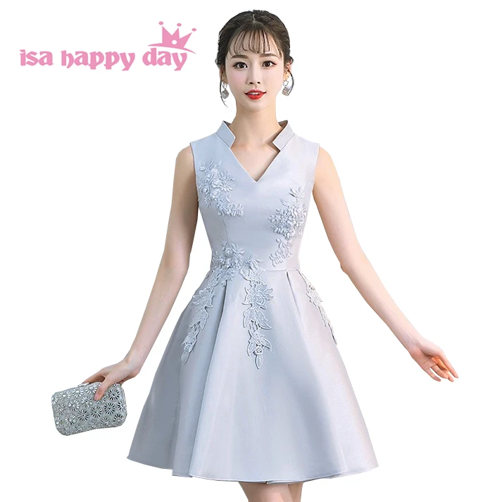 

2019 robe de soire girls short gray satin v neck homecoming dress sweet 16 8th grade formal party dresses ball gown H4268