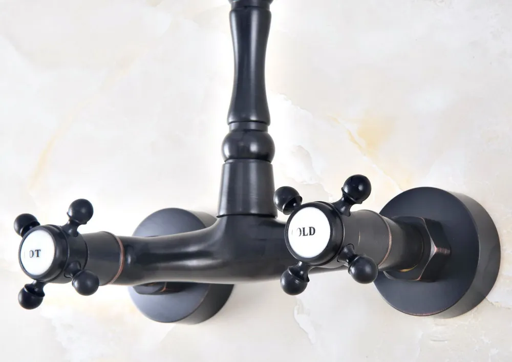 Black Oil Rubbed Bronze Brass Two Cross Handles Wall Mount Swivel Spout Kitchen & Bathroom Basin Sink Faucet Mixer Tap anf452