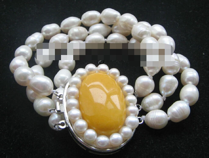 

0987 3row 8" natural white baroque freshwater pearl bracelet-yellow