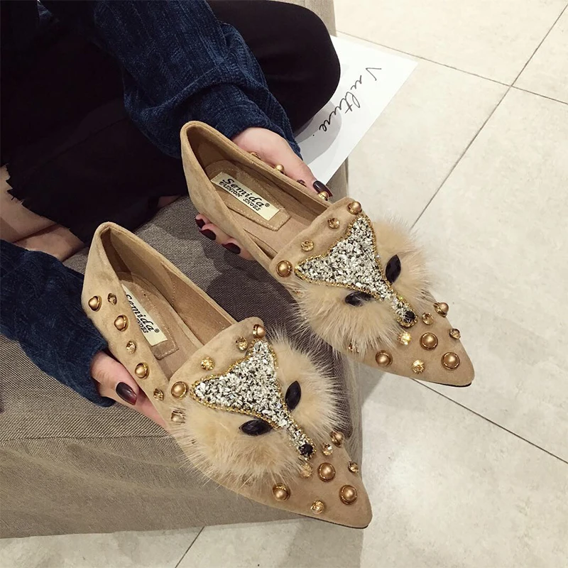 

SWYIVY Woman Flats Shoes Rivet Pointed 2019 Spring Female Fashion Rhinestone Casual Shoes Lady Elegant Slip On Flats Woman Fox