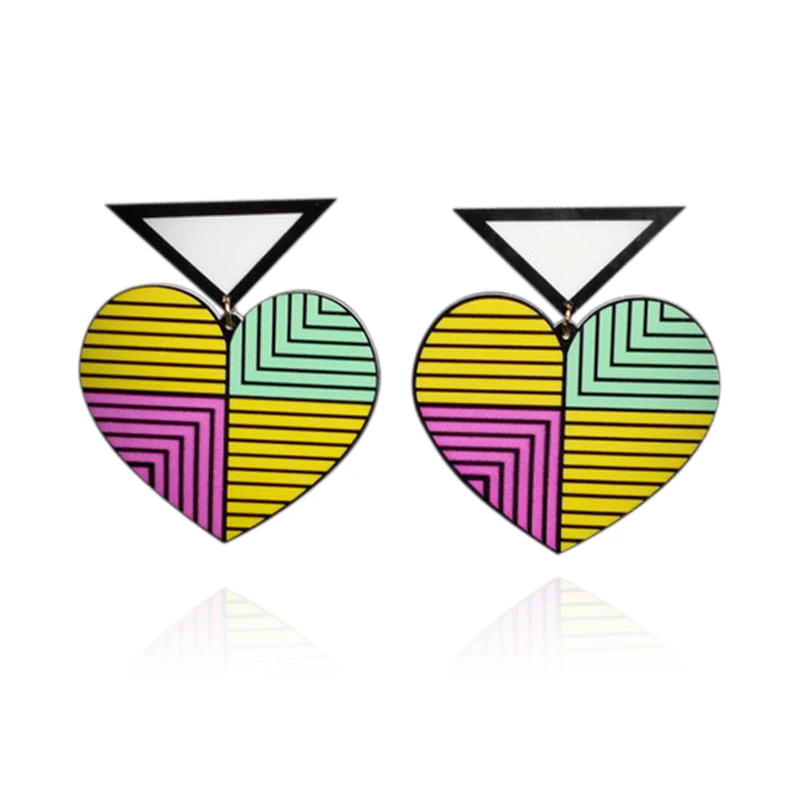 

Hot Fashion Stripe Heart Acrylic drop Earrings For Women Mixed color abstract Heart triangle Hiphop large Earrings E18029