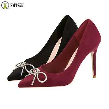 

SMTZZJ Women Flock 10cm High Heels Lady Stiletto Fetish Bow Wedding Scarping Pumps Female Red Black Elegant Dress Burgundy Shoes