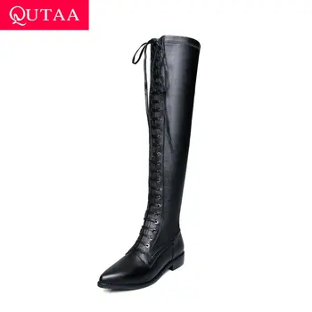 

QUTAA 2020 Fashion Lace Up Over The Knee Boots Autumn Winter women Shoes Sexy Pointed Toe Low Heel Thigh High Boots Size 34-42