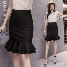 Черная Женская высокая талия тонкая оборка в виде рыбьего хвоста юбка лето большие размеры корейский стиль OL Элегантная мода выше Юбки До Колена Moda Mujer