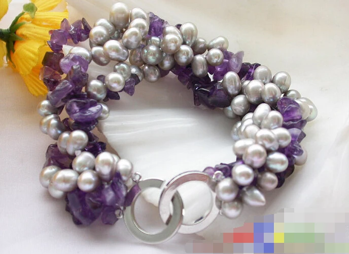 

Hot sell Noble- FREE SHIPPING>>>@@ 1074 4row 8" gray rice pearl drip faceted amethyst bracelet