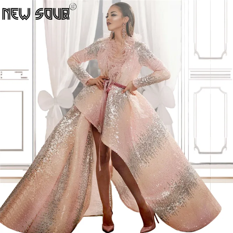 Мусульманский Multi цвет блёстки Вечерние Нарядные платья халат De Soiree перья Aibye V средства ухода за кожей шеи платье для выпускного Дубай Турецкая партия платье