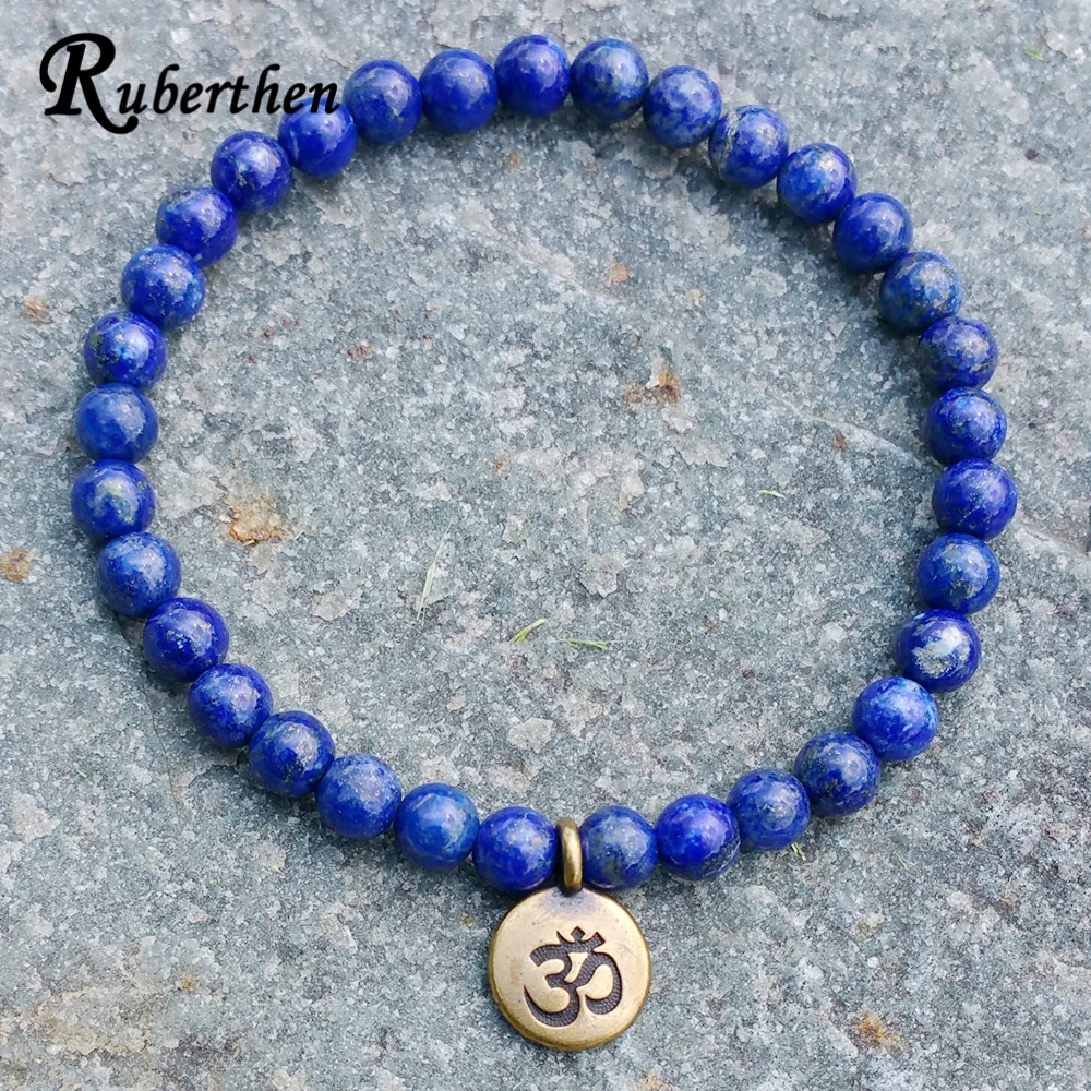 

Lubean Hot Sale Handmade Beaded Bracelet 6mm Lapis Lazuli Natural Stone Beads Antique Brass Ohm Lotus Buddha Charm Bracelet