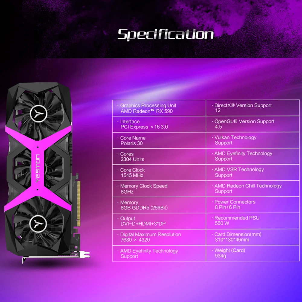 Yeston Radeon RX 590 GPU 8 ГБ GDDR5 256bit игровой настольный компьютер ПК видеокарты Поддержка