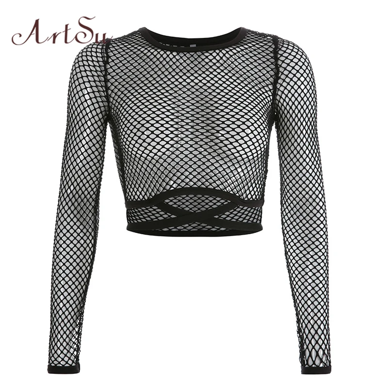 

ArtSu Hollow Out Mesh Top Transparent See Through Top Women Sexy Shirt Black Crop Top Long Sleeve T-shirt Women ASTS20634