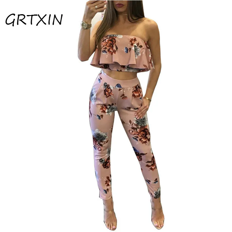 

GRTXIN Sexy Floral Print Jumpsuits Two Piece Backless Club Rompers Womens Jumpsuit Strapless Full Bodysuit Summer Overalls