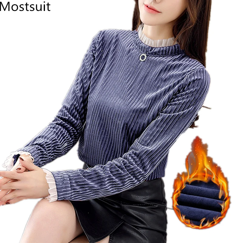  Thicken Velvet Blusas Femininas Women Autumn Winter Warm Ruffles Elegant Office Blouses Long Sleeve