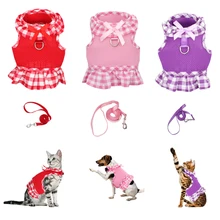 Xadrez gato malha respirável arnês e trela conjunto para filhote de cachorro pet pequeno cão gato coelho andando 3 cores vestido(China)