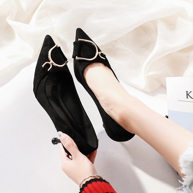 Metal Button Coloured Working Suede High-heeled Shoes Female Fine-heeled Shoes with Shallow Point Head women shoes high heel Metal Button Coloured Working Suede High-heeled Shoes Female Fine-heeled Shoes with Shallow Point Head women shoes high heel