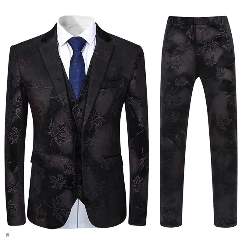 YUNCLOS плед печатных 3 шт. мужской костюм шаль воротник Slim Fit роскошные свадебные костюмы для мужчин мужские костюмы с брюками - Цвет: Черный