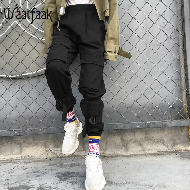 Waatfaak Streetwear Black Cargo Trousers Women High Waist Patchwork Button Pencil Pants Femme Pantalon Loose Casual Joggers 2019