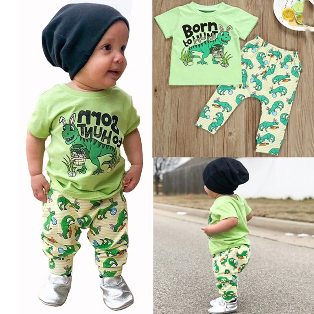 

2019 Fashion Summer Baby Boy Girl dinosaur Letter Tops +Cartoon Pants Set