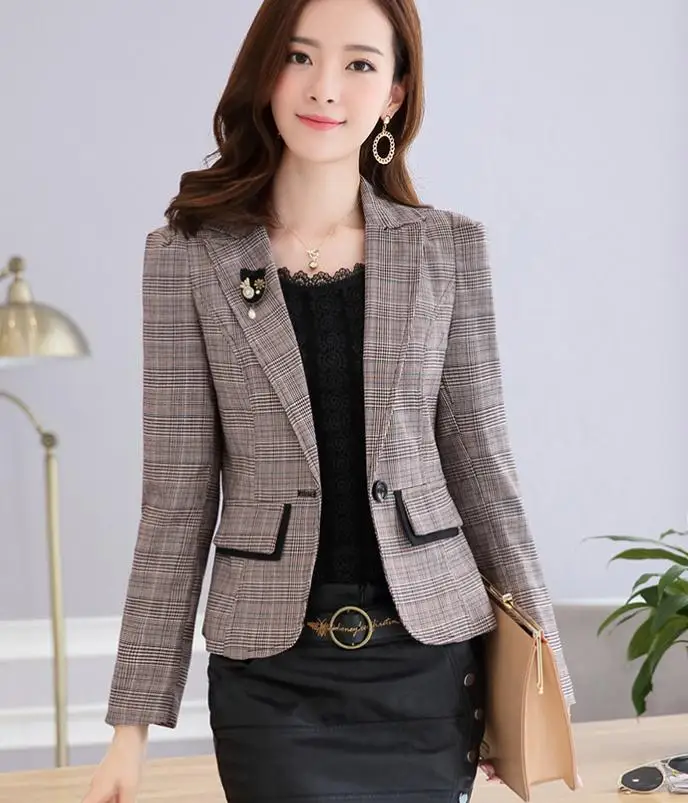 

High Quality 2019 Spring Hot Sale Korean Elegant Notched Collar Plaid One Button Long Sleeve Woman Suit Coat