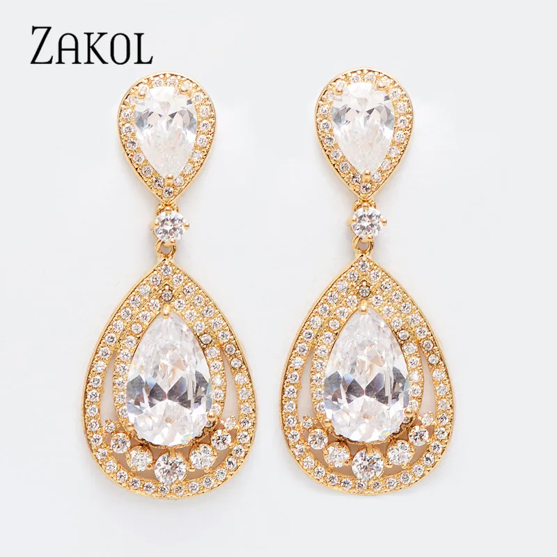 

ZAKOL Luxury Gold Color Dangle Earrings with Water Drop Shape Bright Cubic Zircon for Bridal Jewelry Women Birthday Gift FSEP434