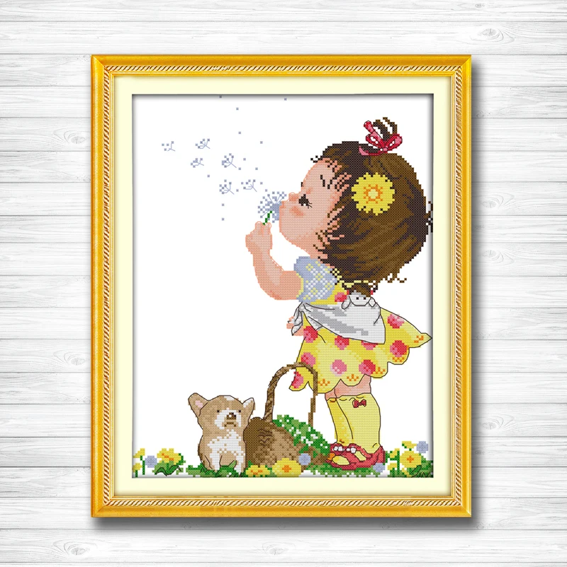 

Dandelion girl painting dmc 14CT 11CT counted cross stitch Needlework Set Embroidery kits chinese cross stitch Home decor