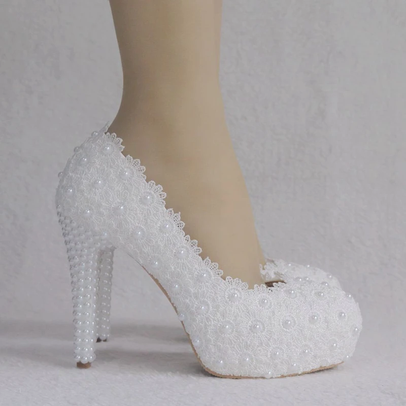 Dropshipping Pearls Crystal Flower Wedding Shoes Bride White Pearls Handmade Proms Dress Platforms Patty Pump Shoes XY-B0314