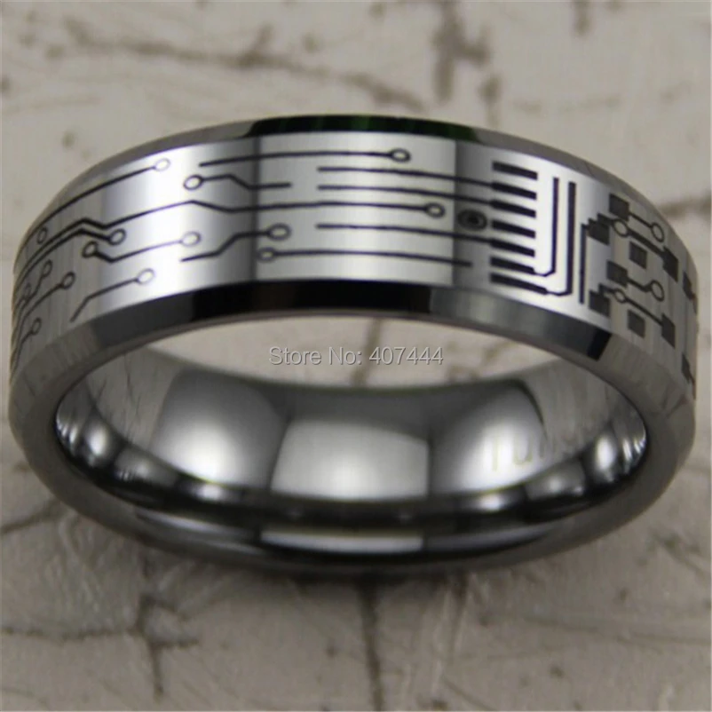 Free Shipping YGK JEWELRY Hot Sales 8MM Silver Bevel CIRCUIT BOARD Design Mens Comfort Fit Tungsten Wedding Ring