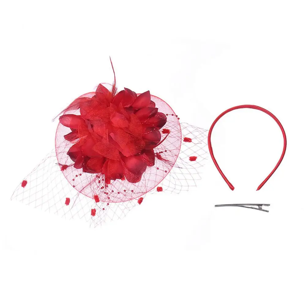 3 шт./компл. Для женщин перо чародей свадебные шарик из сетчатой ткани в виде большого цветка зажим для волос головной убор - Цвет: Red