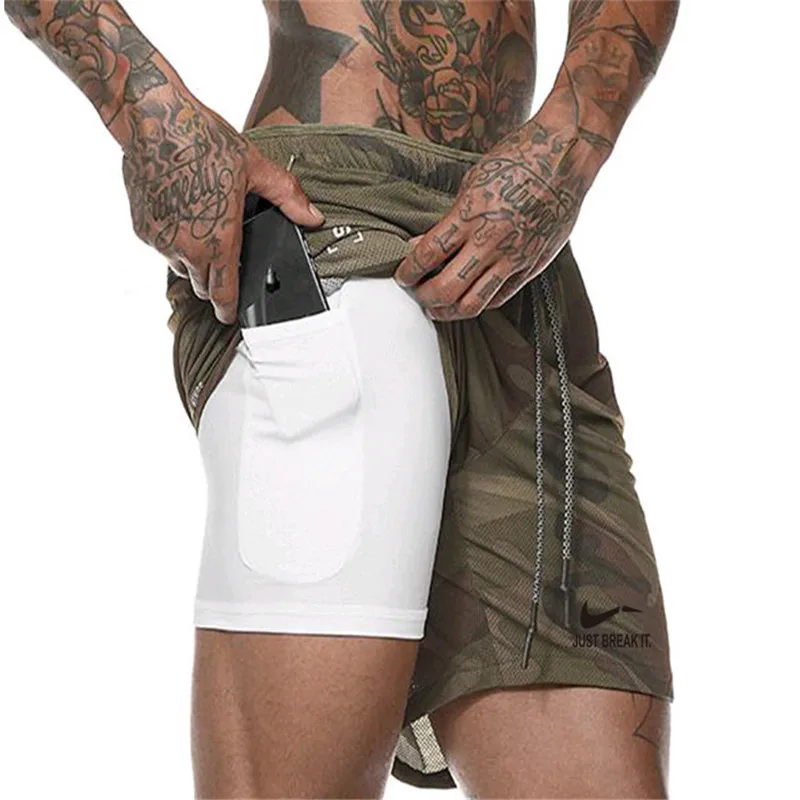 

New Summer Men's Double layer Shorts Fast Dry Running Training Fitness Sportswear Sweat Single Camouflage Printed Workout Shorts
