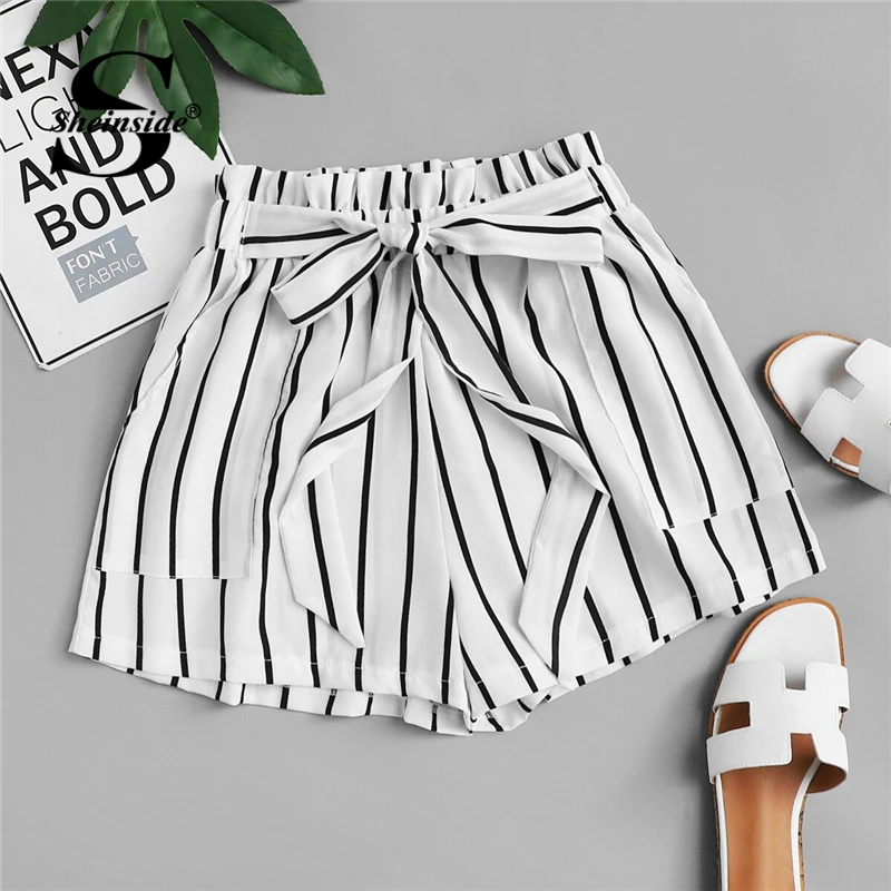 

Sheinside Paperbag Tie Waist Striped Shorts Women Elegant 2019 Summer Streetwear Wide Leg Shorts Ladies Elastic Waist Shorts