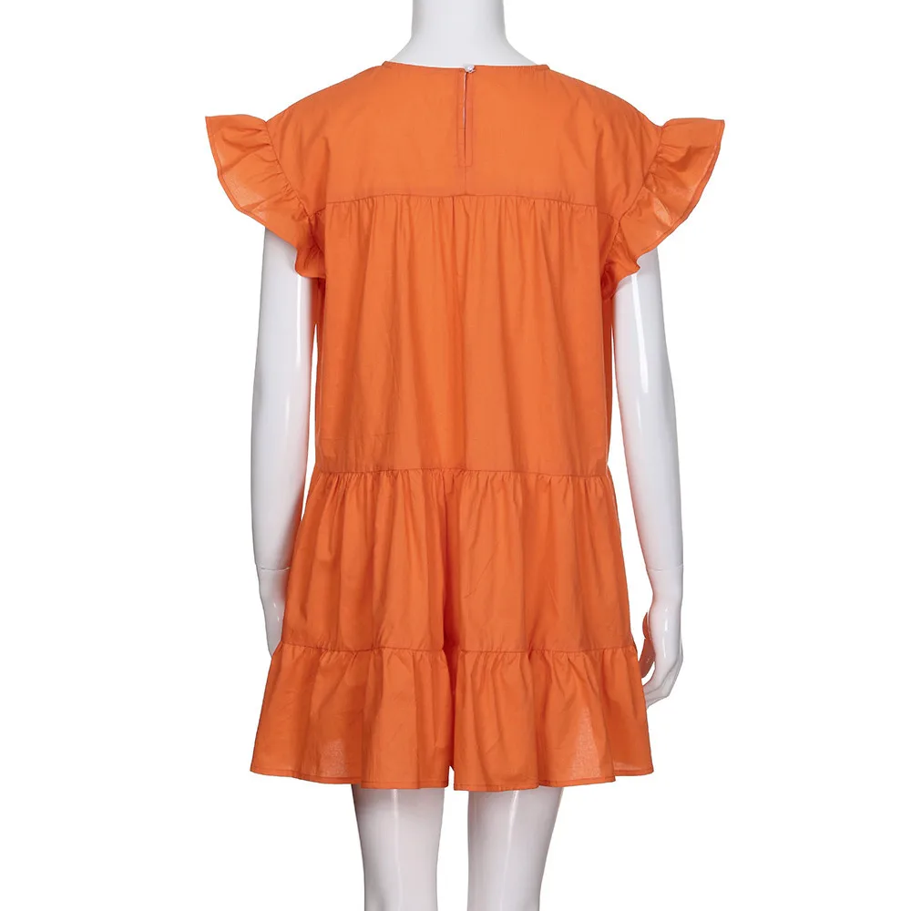 Милые платья бебидолл для девочек, женские повседневные Мини платья с оборками с коротким рукавом, с круглым вырезом на лето, однотонное свободное платье# T20