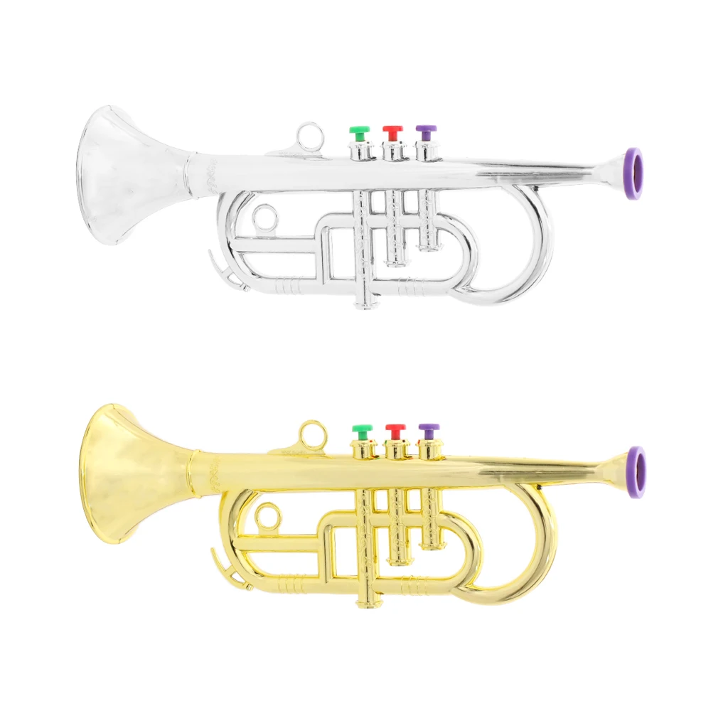 1 Pcs 34cm Plastic Children Trumpet Horn Wind Instrument with 3 Keys Musical Toy for Kids Party Favor Gift Silver or Gold