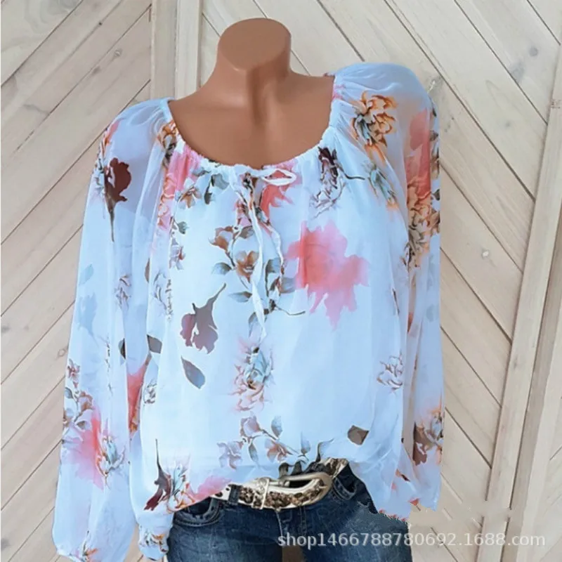 

S-5XL Women Fashion Trendy Long Sleeve Off Shoulder Tops Lace Up Floral Print Blouse Plus Size Shirts