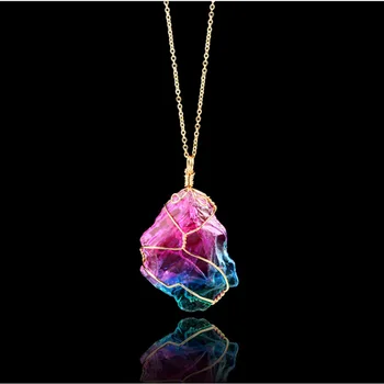 Arco Iris de piedra Natural colgante collar de moda cristal Chakra collar de rock oro Color cadena cuarzo collar largo para el rega