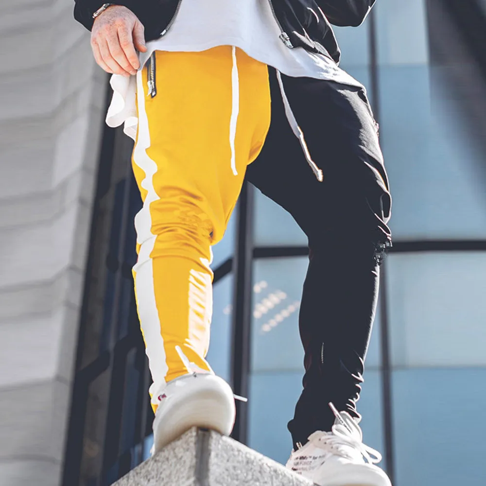 

FeiTong Sweatpants Men Pants Long Color Block Street Patchwork Zippers Elastic Casual Pencil Pants Hiphop Clothing N19