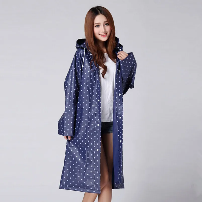 New women thicken classic blue/red dot hood raincoat outdoor rainwear