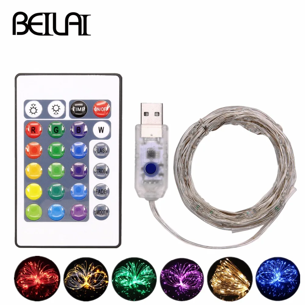 

BEILAI RGB LED String Lights 5M 50LED Waterproof USB 5V Fairy LED Holiday Light with 24Key Remote For Christmas Wedding Party