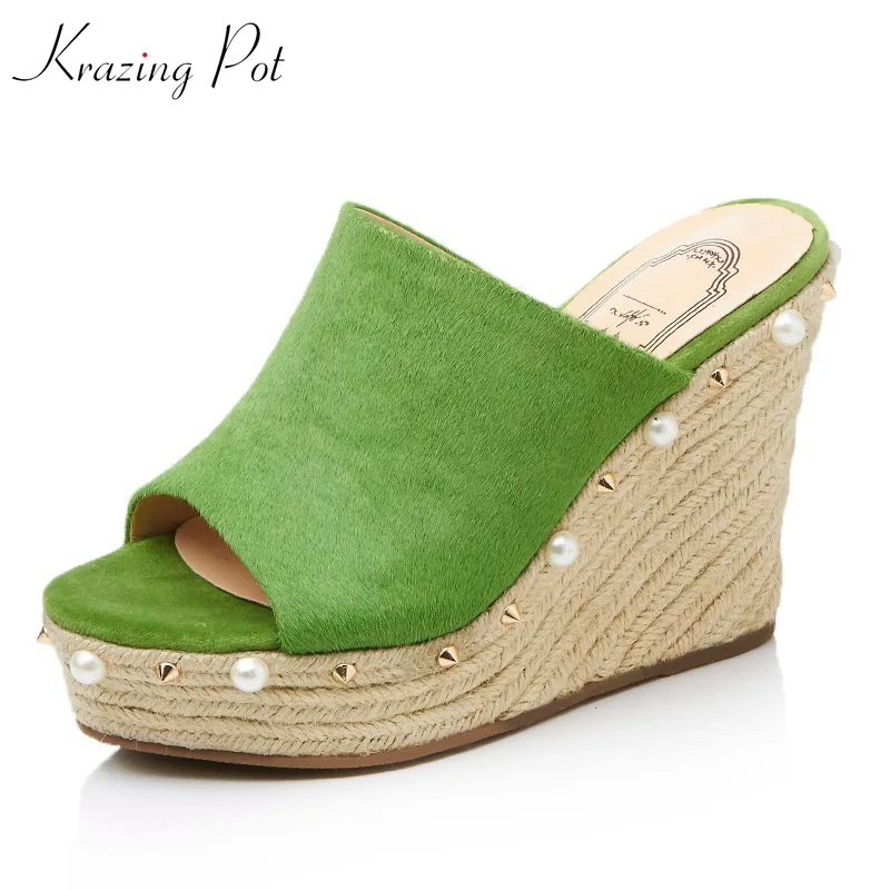 

Krazing Pot 2018 horsehair platform women sandals rivets runway high heels pearl-studded high quality increased wedges mules L84