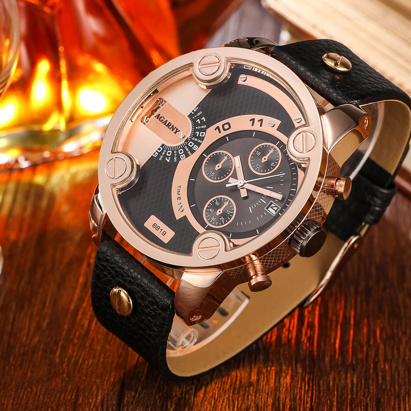 top luxury brand cagarny dz military watch for men rose gold case leather strap men's quartz watches free shipping (1)