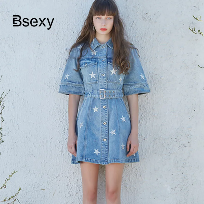 

2019 Denim Dress Women Cute Turn Down Collar Short Sleeve Diamond Beaded Stars A line Jeans Dress Denim Shirt Dress with Belt