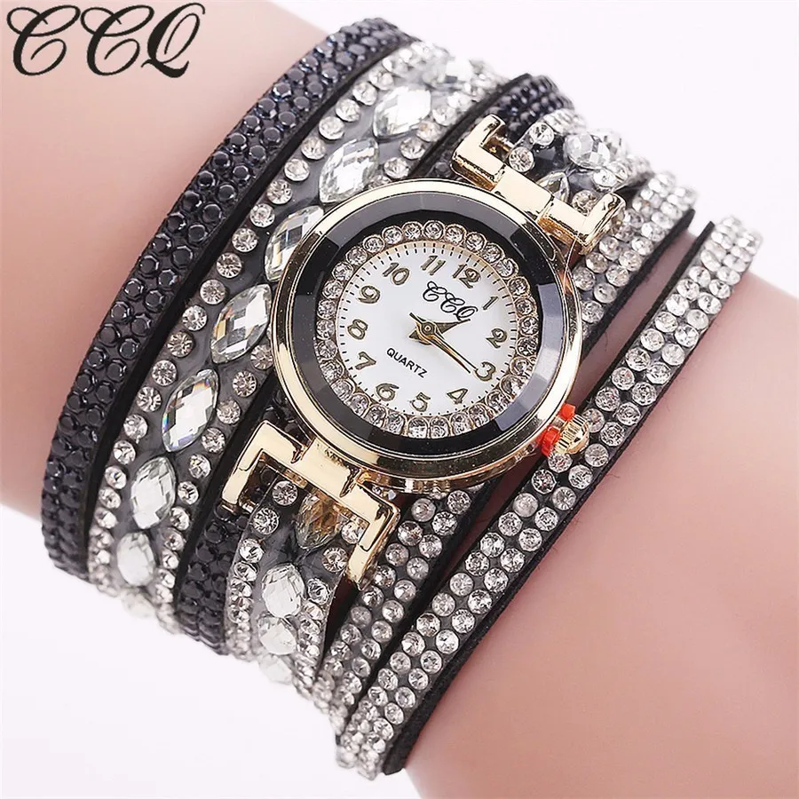 

CCQ Brand Fashion Women Watch Gold Crystal Leather Bracelet Quartz Wristwatch Female Dress Watch Clock Relogio Feminino