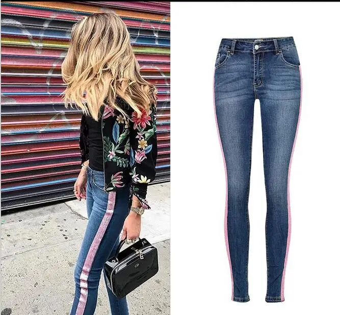 Мода 2017 г. Side Striped обтягивающие джинсы Для женщин эластичные Высокая Талия ботильоны модная длинная бахрома деним Обувь для мальчиков