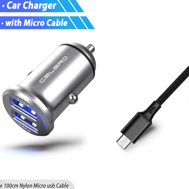 Silver Micro USB Set Двойной USB Автомобильное зарядное устройство адаптер 4.8A мини металлическое автомобильное зарядное устройство для мобильного телефона автомобильное USB зарядное устройство автоматическая зарядка 2 порта 24 Вт для Samsung iPhone - Тип штекера: Silver Micro USB Set