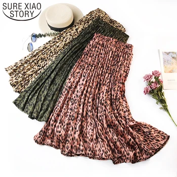 

High Waist A-line Sun Skirt Female Leopard Print Pleated Skirts Women 2019 Spring Summer Midi Long Korean Elegant 3611 50