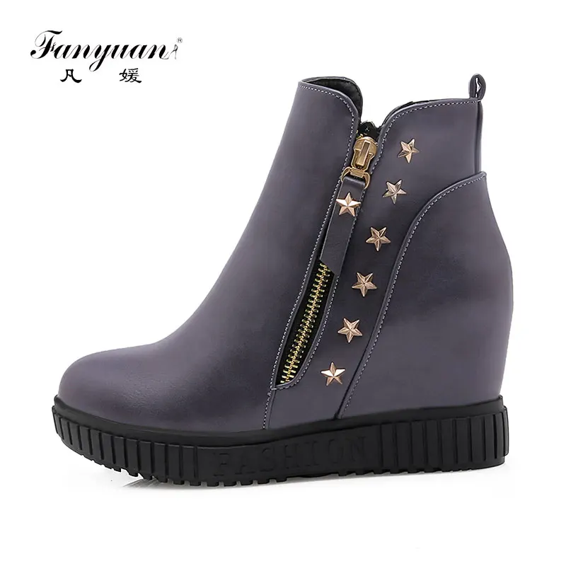 

Fanyuan Fashion Metal star ankle boots Punk Height Increasing women boots Solid Zipper platform Plush winter boots ladies shoes