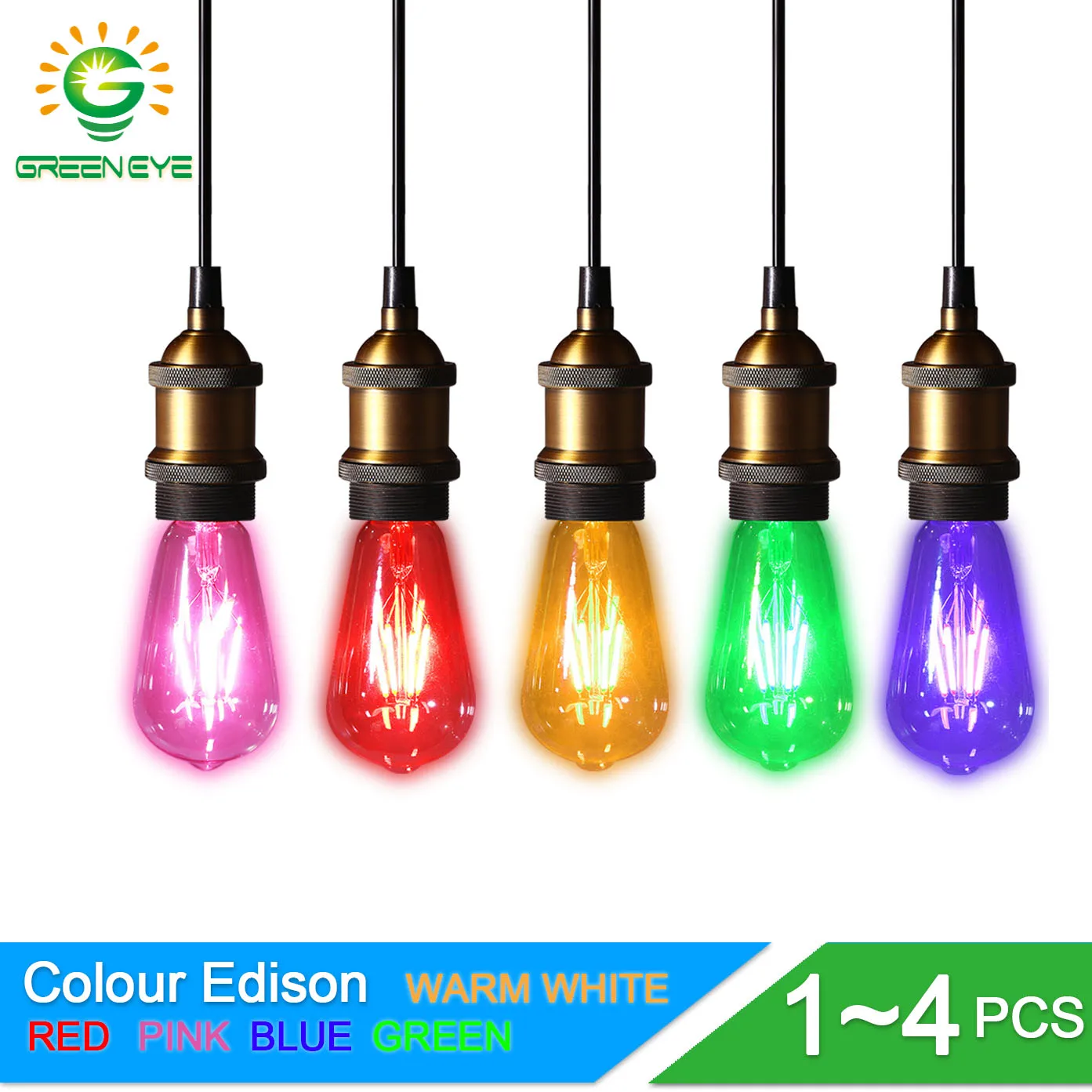GreenEye 1 ~ 4 unids Color Led Bombilla Edison 220 V E27 de filamento LED luz de la lámpara de ST64 Retro verde/azul/rojo/rosa/caliente/blanco ampolla Lampara GreenEye 1 ~ 4 unids Color Led Bombilla Edison 220 V E27 de filamento LED luz de la lámpara de ST64 Retro verde/azul/rojo/rosa/caliente/blanco ampolla Lampara
